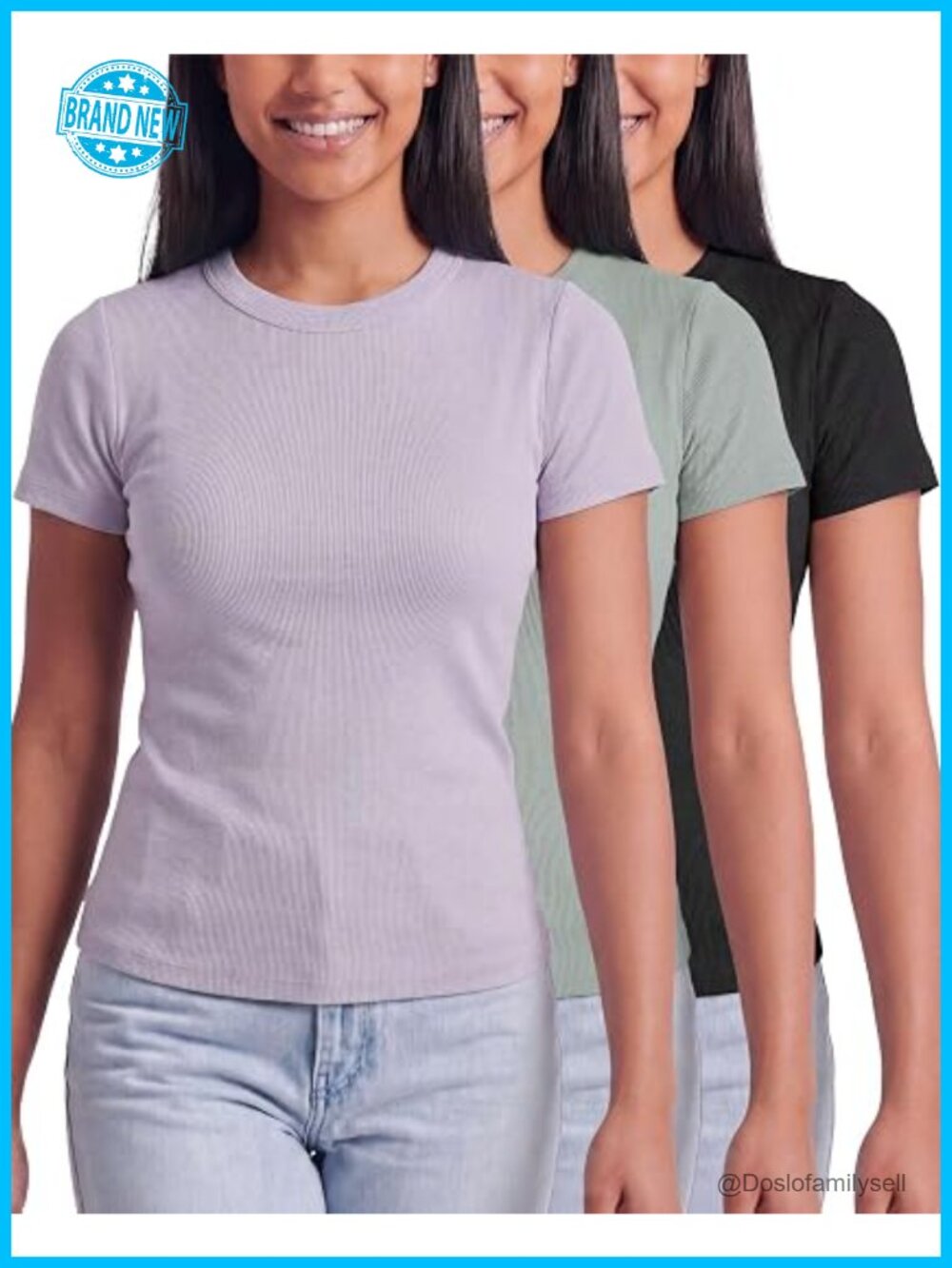 3 Pack Women's Ribbed Cotton Short Sleeve Crew Neck Tees